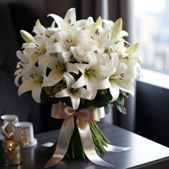 Very delicate wedding bouquet of white lilies in vase on the table. Beautiful flower arrangement for the holiday