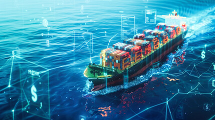 A cargo ship with digital technology symbols floating around it. Concept of global trade or remote...