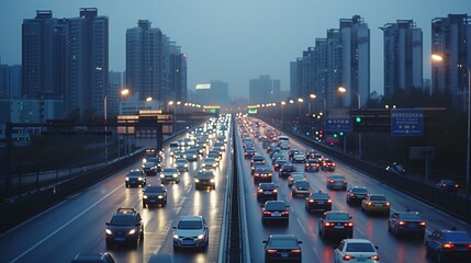 car traffic on evening highway in a city with modern high building