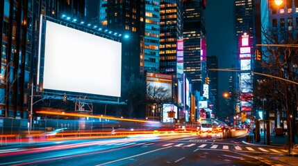 Nighttime city scene featuring a blank billboard on a busy street. Car light trails illuminate the background, highlighting the potential for dynamic advertisements.
