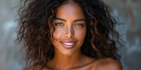A woman with curly hair and radiant skin exudes beauty and confidence with a joyful expression