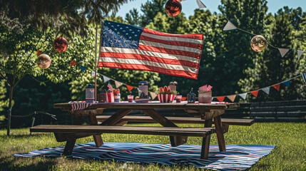 Obraz premium The American flag set against a backdrop of a beautifully decorated picnic table with patriotic decor in red, white, and blue, symbolizing the community and family celebrations on Memorial Day.