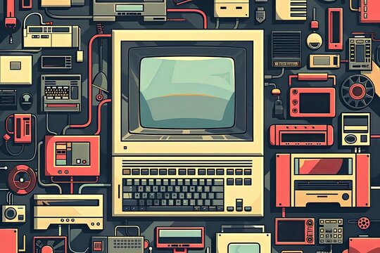 An old computer is surrounded by a variety of electronic devices on a desk