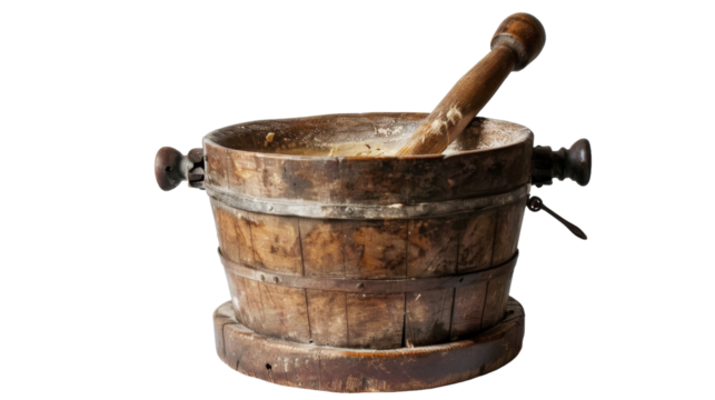 An aged wooden bucket with a sturdy wooden handle, showcasing traditional craftsmanship and rustic charm
