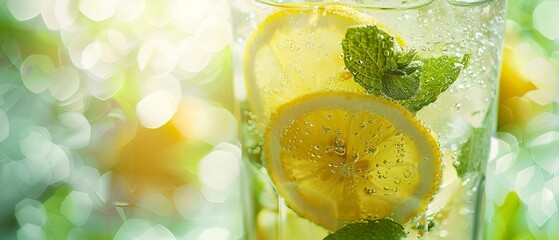 Refreshing lemon and mint infused beverage in a glass with ice, perfect for summer. Bright bokeh background for a fresh look.