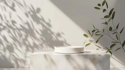 Minimalist still life with white ceramic tray on concrete block, casting soft shadows, and greenery against a bright, clean background