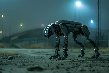Fototapeta premium A robotic dog is stationary in the center of a road