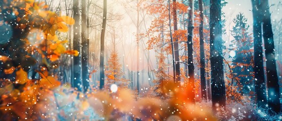 Enchanting autumn forest with colorful foliage and sparkling light, evoking a magical and serene atmosphere, perfect for seasonal landscapes.