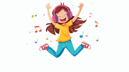 Happy girl in headphones jumping. Kid listening music