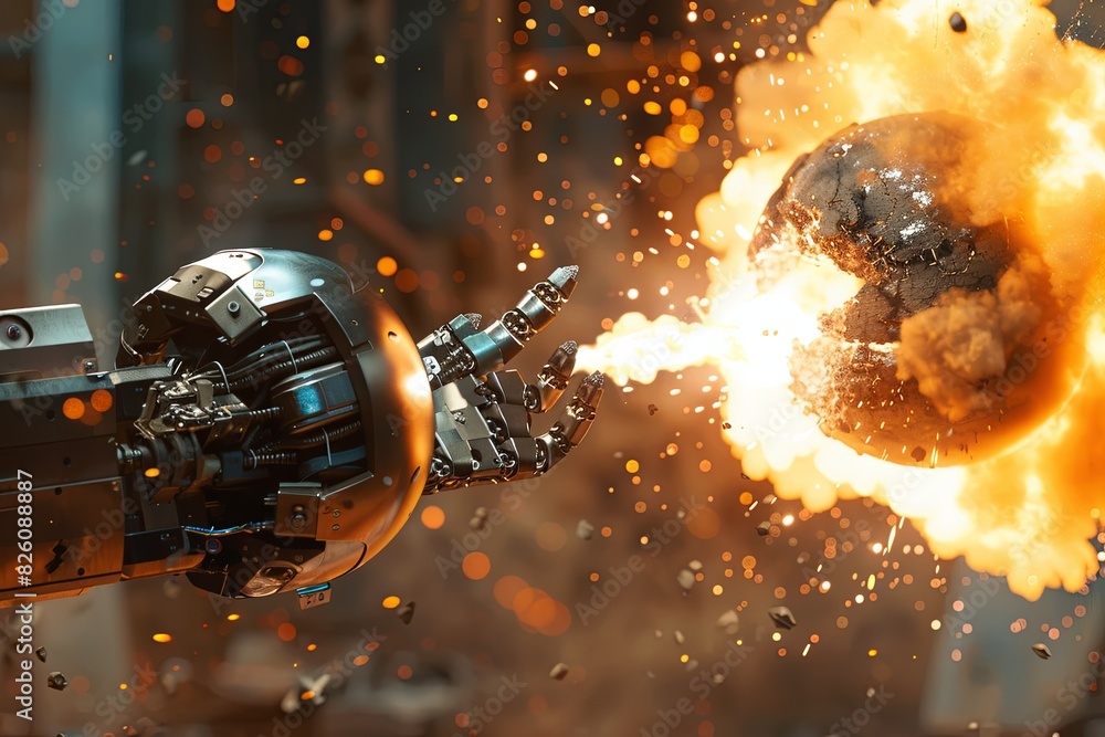Poster close-up of a robot releasing a fiery ball in a controlled environment