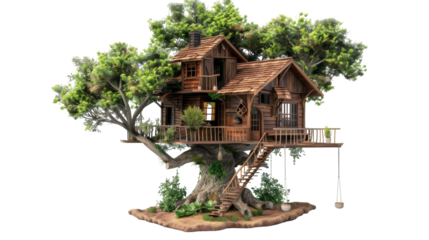 A tree house featuring a porch and staircase, perched amid the branches of a tall tree in a lush green forest setting