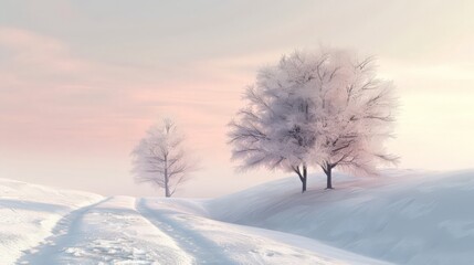 This peaceful winter scene showcases two snow-covered trees against a backdrop of a pink sky, with a path leading gently through the pristine snow.