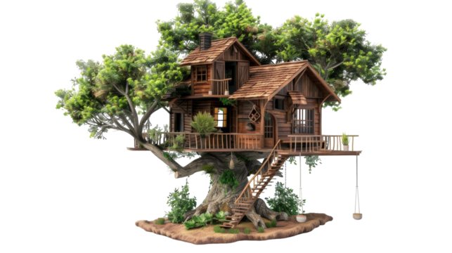 A tree house featuring a porch and staircase, perched amid the branches of a tall tree in a lush green forest setting