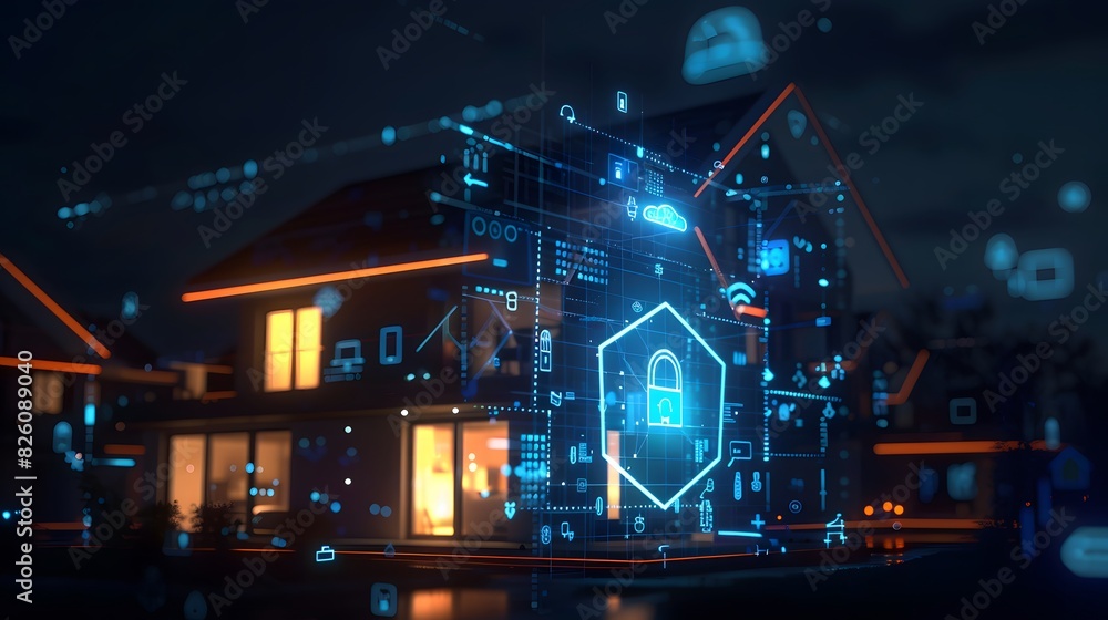 Poster a futuristic smart home with interconnected devices secured by a digital shield, displaying holograp