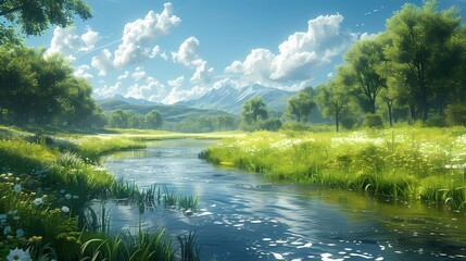 A peaceful green meadow with a gentle stream flowing through it, providing a serene and calming environment