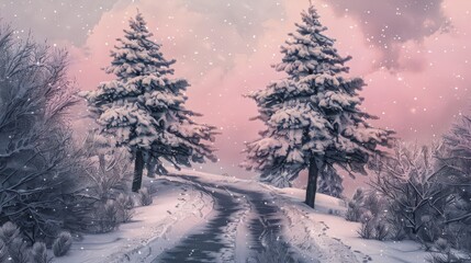 This serene winter landscape showcases two snow-covered trees under a pink sky, with a path winding through the untouched snow