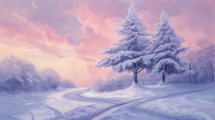 This serene winter landscape showcases two snow-covered trees under a pink sky, with a path winding through the untouched snow