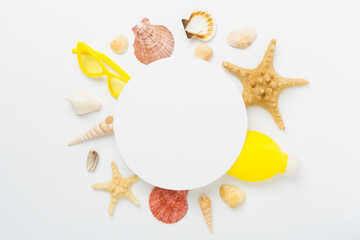 Summer banner with coconut and sea shells on color background. Vacation concept