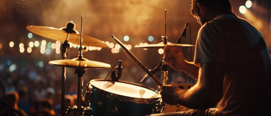 Fototapeta premium A drummer's intense focus commands the beat at a smoke-filled concert, basking in blue stage lights.