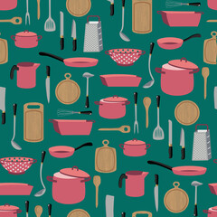 Vector - kitchen utensiles seamless pattern, with wooden cutting boards.