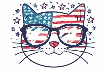 cute cat face head with America flag stripes and stars glasses, 4th July independence day, cartoon doodle vector illustration