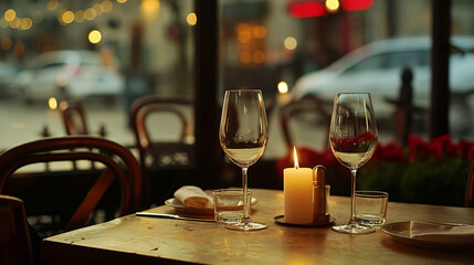 wo wine glasses and a candle on a table in a café