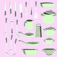 Vector -  cooking utensiles, pot, pan, cutlery set, spoon.