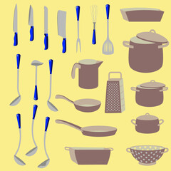 Vector -  cooking utensiles, pot, pan, cutlery set, spoon.