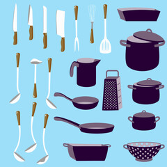 Vector -  cooking utensiles, pot, pan, cutlery set, spoon.