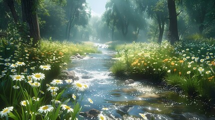 A peaceful green meadow with a gentle stream flowing through it, providing a serene and calming environment