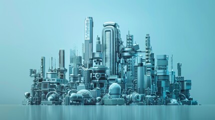 Technology: A front view of a futuristic city where buildings are shaped like various tech gadgets