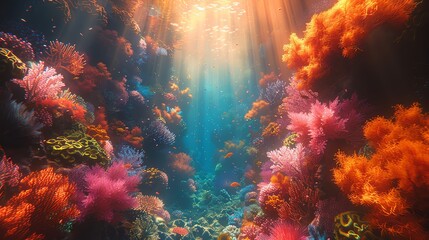 Vibrant coral reef teeming with life, bathed in warm sunlight.
