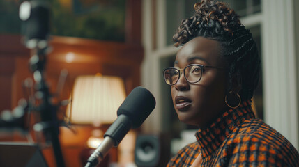 a real-life glimpse into a live-streamed podcast session, featuring a black female interviewer engaging with a guest.