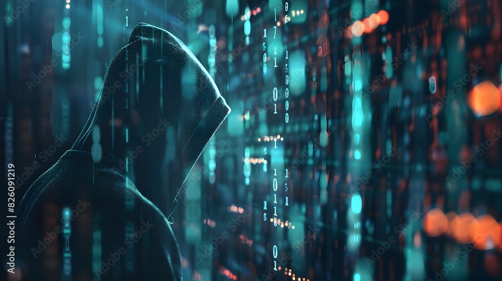 Poster a dark, hidden cyber realm where a persistent hacker lurks undetected, with digital shadows and trac