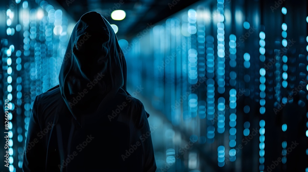 Aufkleber a dark, hidden cyber realm where a persistent hacker lurks undetected, with digital shadows and trac