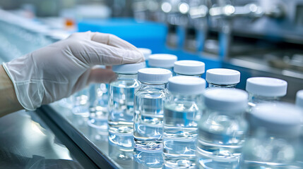 Hand with sanitary gloves check Medical vials on production line at pharmaceutical factory, Pharmaceutical machine working pharmaceutical glass bottles production line.