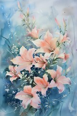 Pink Flowers on Blue Background Painting