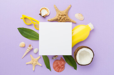 Summer banner with coconut and sea shells on color background. Vacation concept