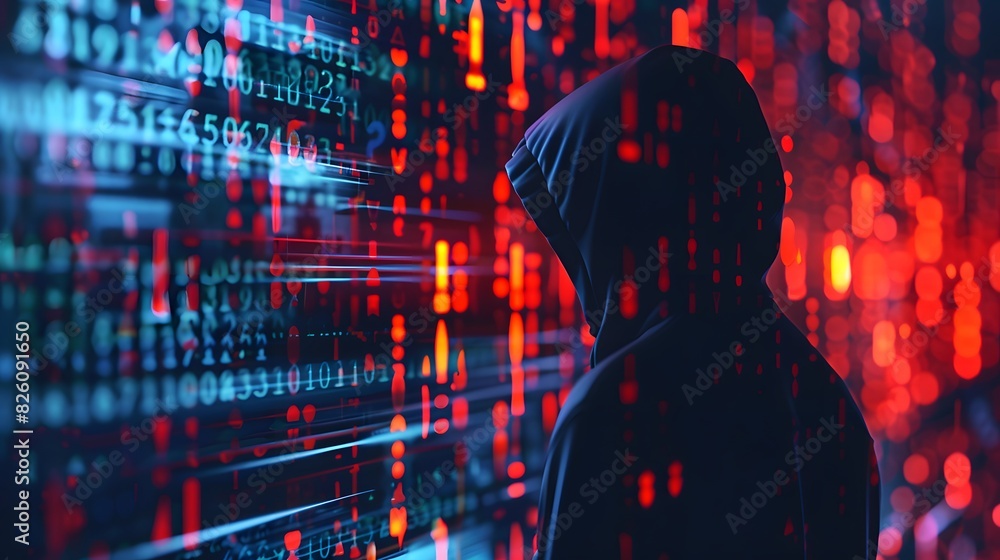 Poster a dark, hidden cyber realm where a persistent hacker lurks undetected, with digital shadows and trac