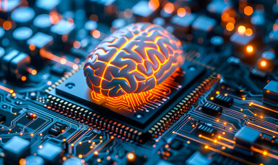 Fototapeta premium Futuristic AI Microchip Brain: Merging Artificial Intelligence and Electronics on Illuminated Circuit Board Symbolizing Next-Gen Computing