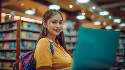 Young woman student study in the school library. She using laptop and learning online.