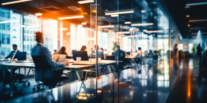 Blurred view business people working modern office space behind glass wall diverse team collaborating meeting tables productivity brainstorming idea generation busy professional workplace corporate