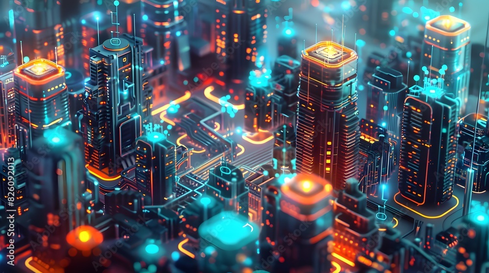Poster a vibrant digital cityscape with blockchain nodes creating a secure, tamper-proof network, with tran