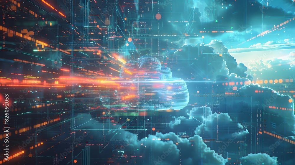 Poster a massive cloud infrastructure with floating data servers, enveloped in a protective digital aura, s