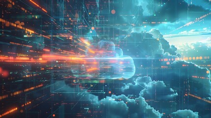 Fototapeta premium A massive cloud infrastructure with floating data servers, enveloped in a protective digital aura, safeguarding sensitive information from cyber attacks 