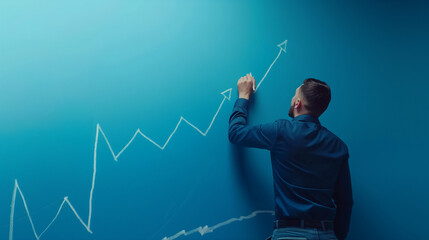 businessman drawing growth graph on blue blackboard. business planning and strategy .progress of business and analyzing financial and investment data