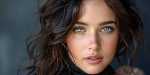 Naklejka premium Portrait of a Woman with Long Brown Hair and Blue Eyes, elegant with captivating and ethereal aura