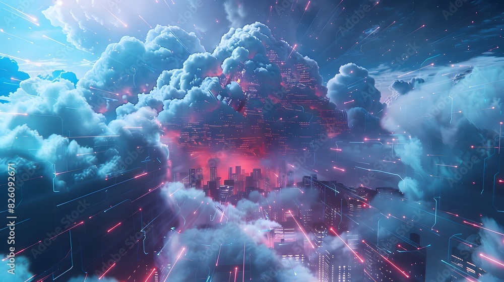 Poster a massive cloud infrastructure with floating data servers, enveloped in a protective digital aura, s