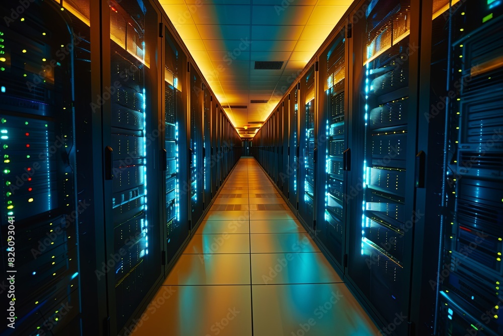 Poster a long hallway filled with rows of servers in a secure data center