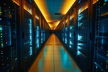 Fototapeta premium A long hallway filled with rows of servers in a secure data center